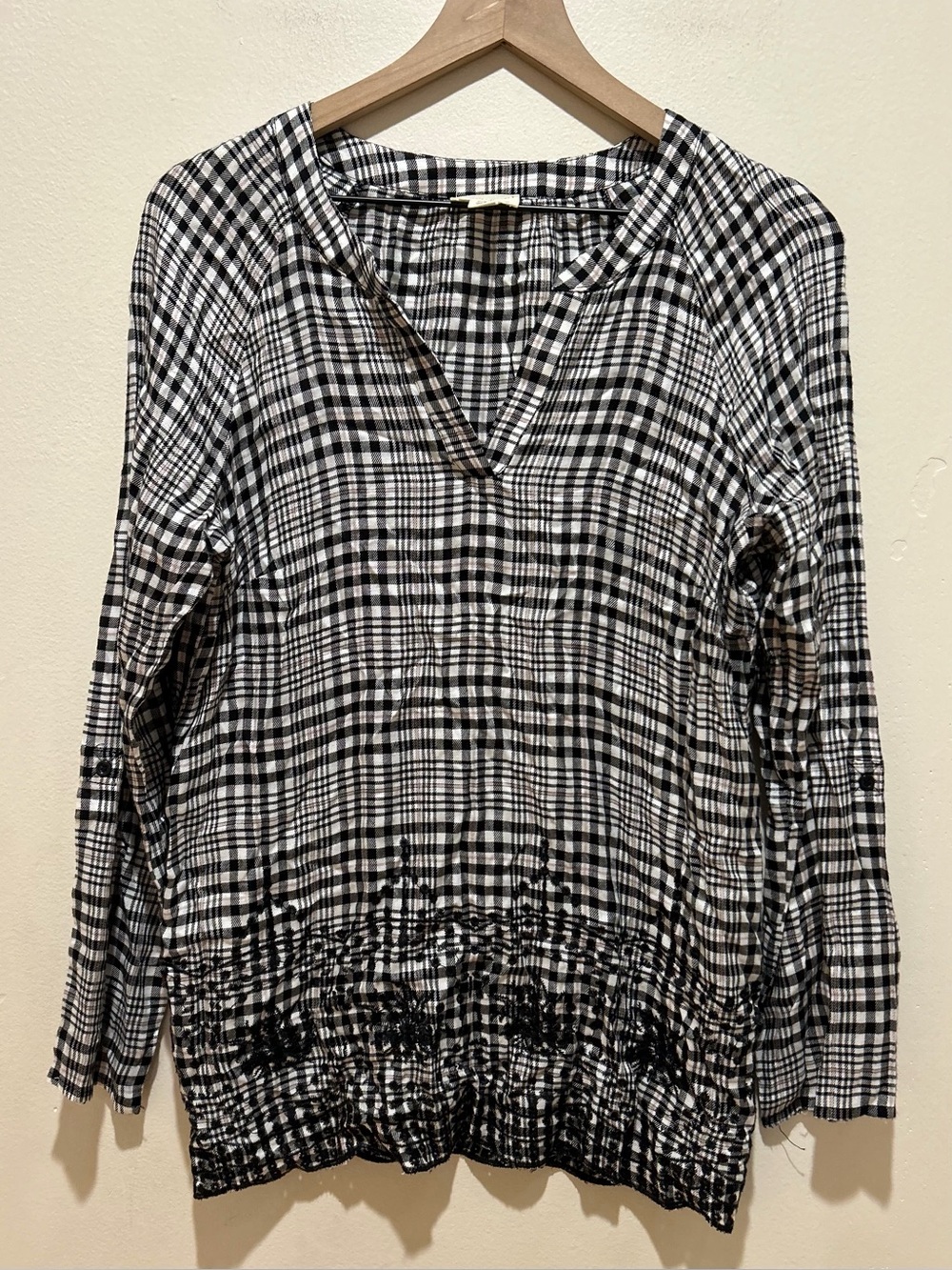 Tribal Jeans Embroidered Hem Black & White Plaid Long Sleeve Blouse Top - Small